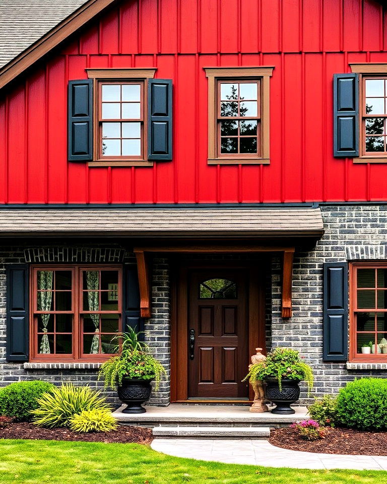 red vinyl siding with dark brick for barn style exteriors - 20 Vinyl Siding and Brick Combinations