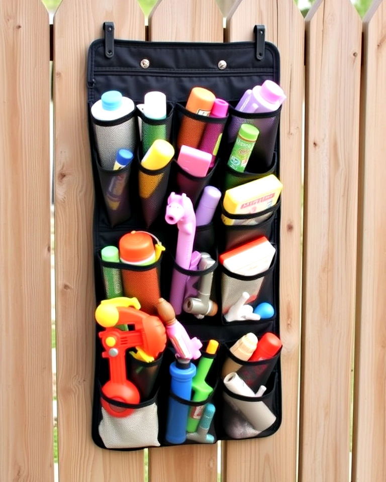 repurpose a hanging shoe organizer - 25 Outdoor Toy Storage Ideas