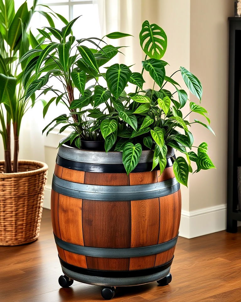 repurpose a wine barrel for an indoor planter - 15 Wine Barrel Planter Ideas