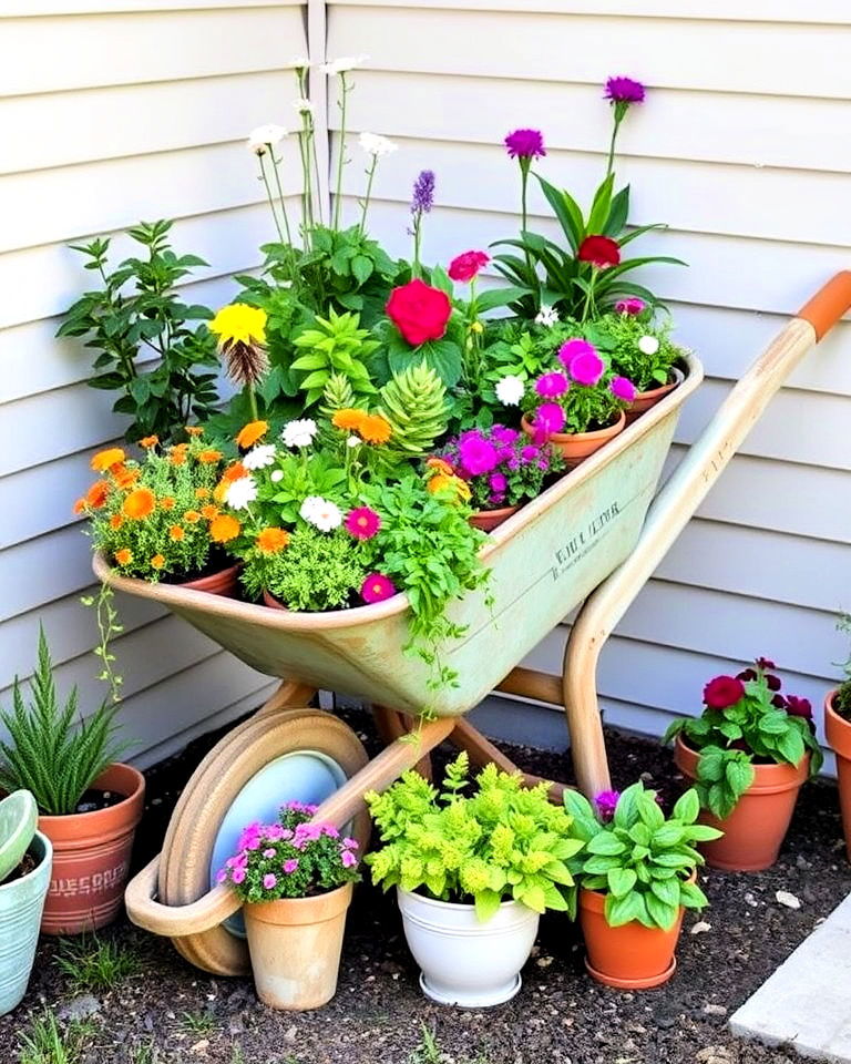 repurpose an old wheelbarrow as a unique corner garden display - 15 Corner Garden Ideas With Pots
