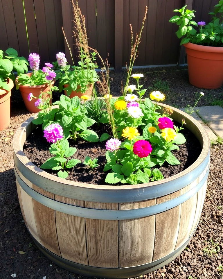 repurpose an old wooden barrel - 15 Round Garden Bed Ideas
