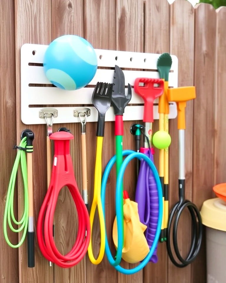 repurpose garden tool organizers to store outdoor toys - 25 Outdoor Toy Storage Ideas