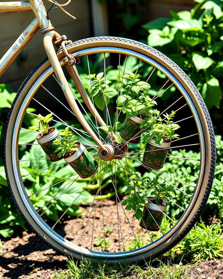 repurpose the wheels of an old bicycle as a unique herb garden - 15 Old Bicycle Garden Ideas
