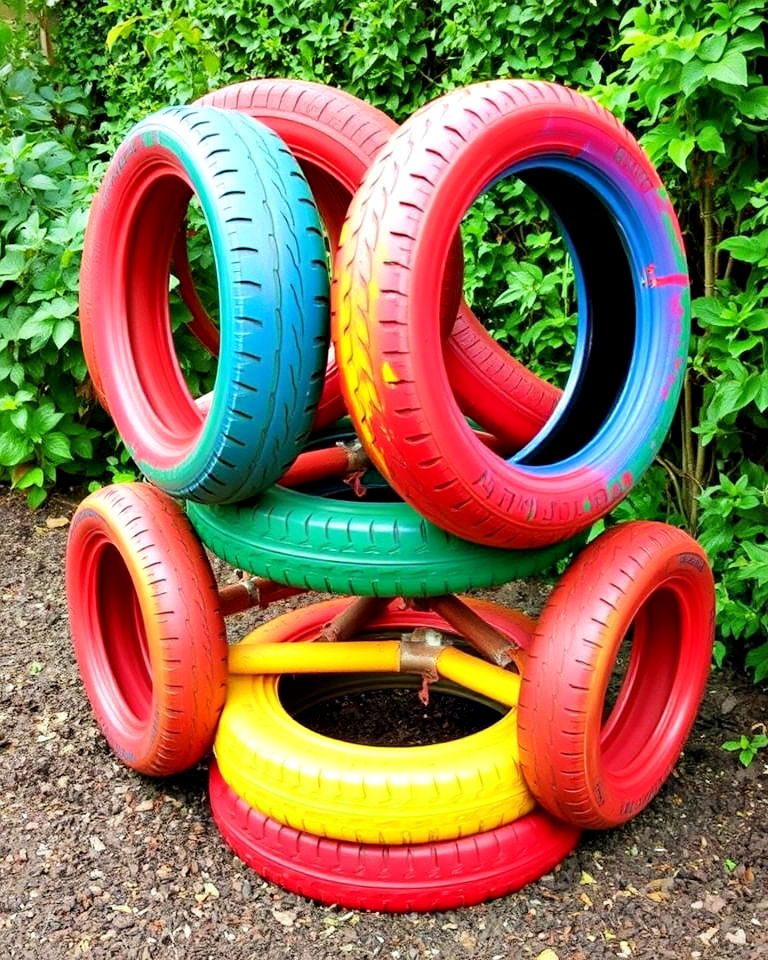repurpose tyres into climbing frames for children - 25 Recycled Tyre Garden Art Ideas
