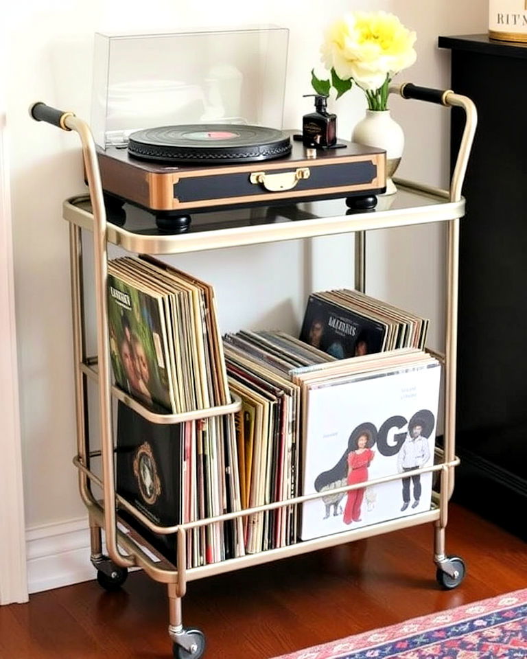 repurposed bar cart to vinyl storage - 25 Vinyl Record Storage Ideas