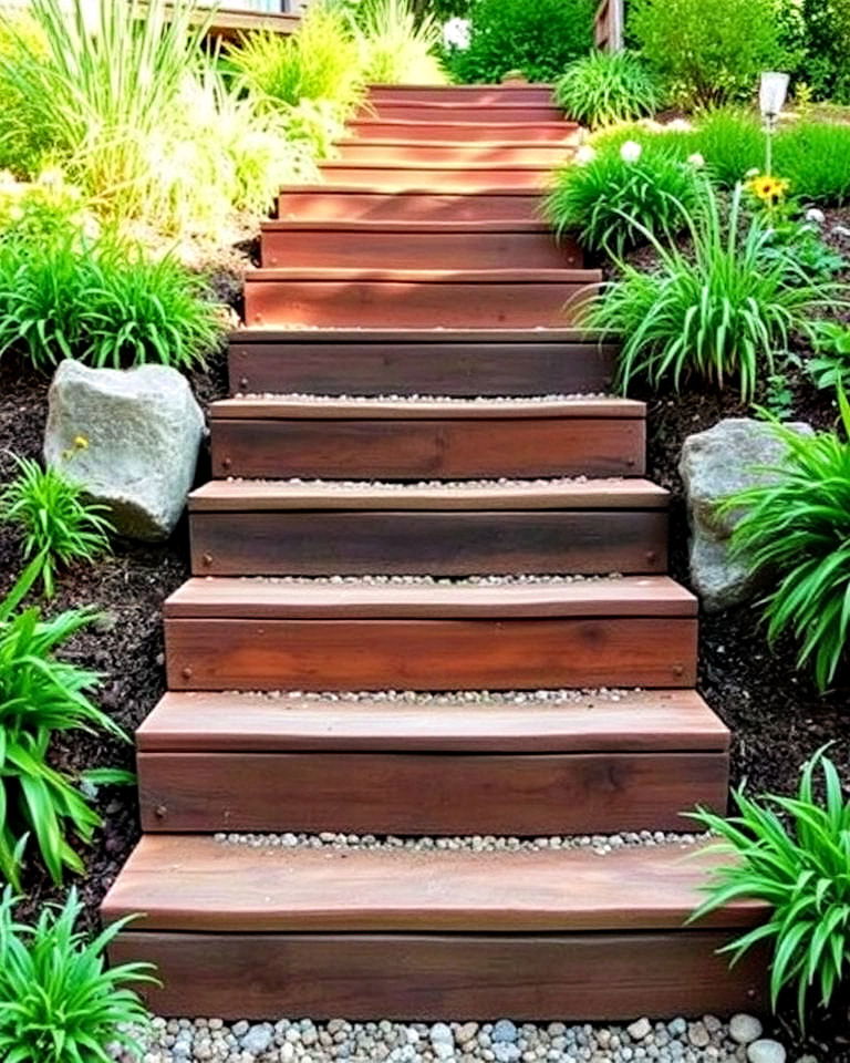 repurposed railroad ties garden stairs - 20 Garden Stairs Ideas