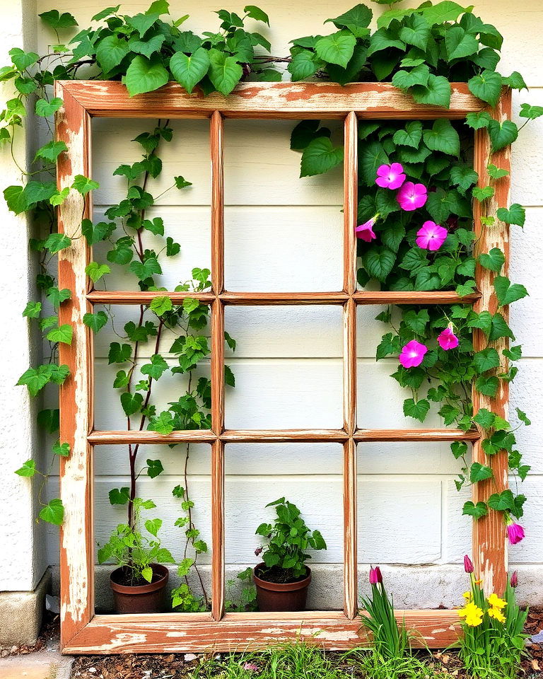 repurposed window frames for climbing plants - 20 Vintage Garden Ideas