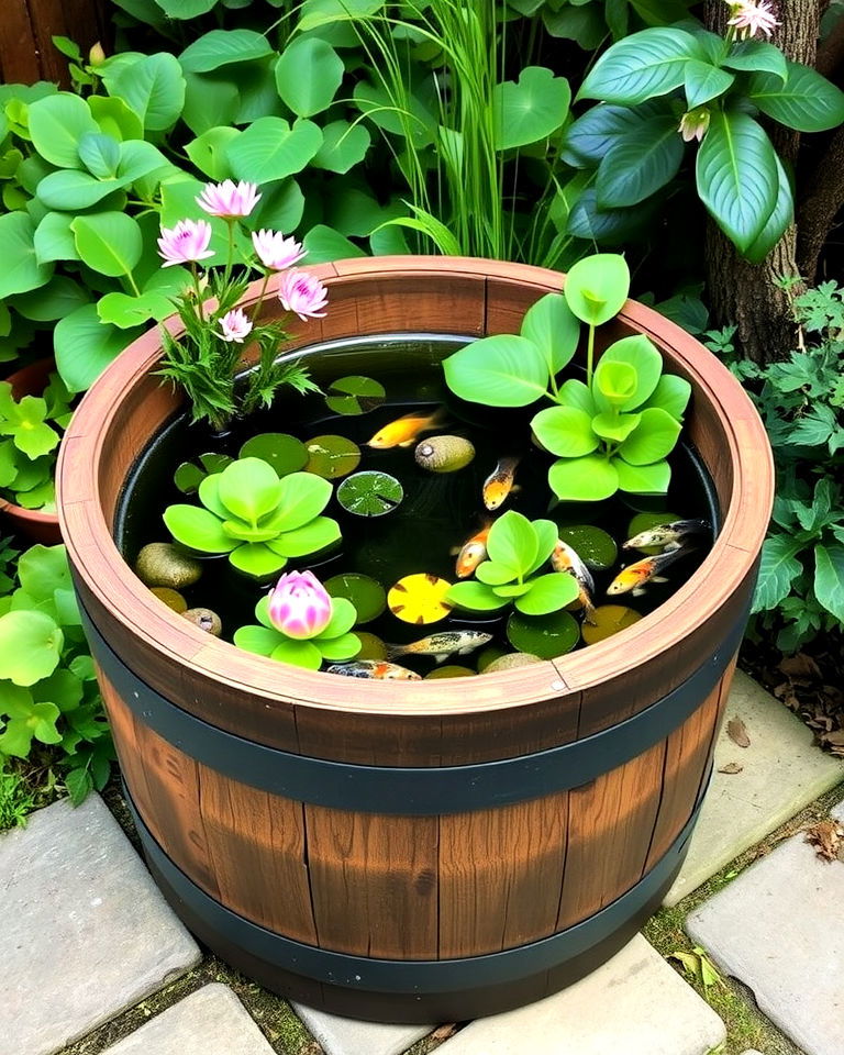 repurposed wine barrel pond for small space - 15 Container Fish Pond Ideas