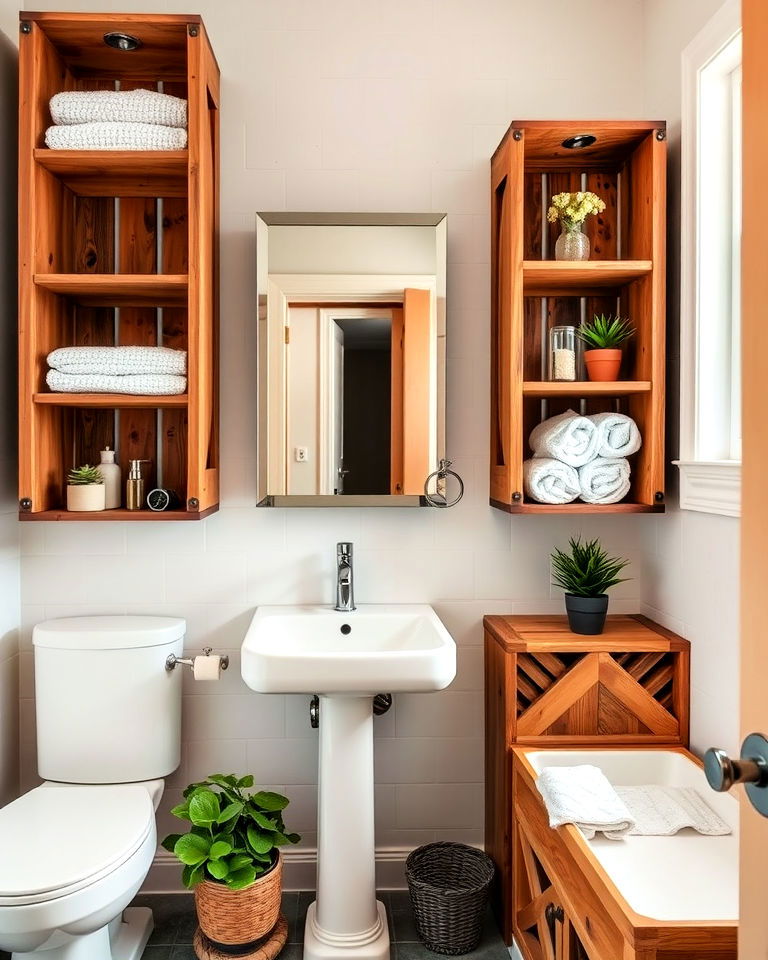 repurposed wooden crates as storage - 25 Small Rustic Bathroom Ideas