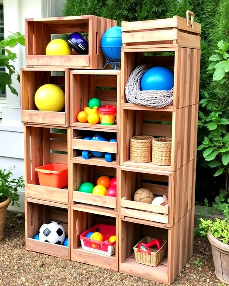 repurposed wooden crates for outdoor toy storage - 25 Outdoor Toy Storage Ideas