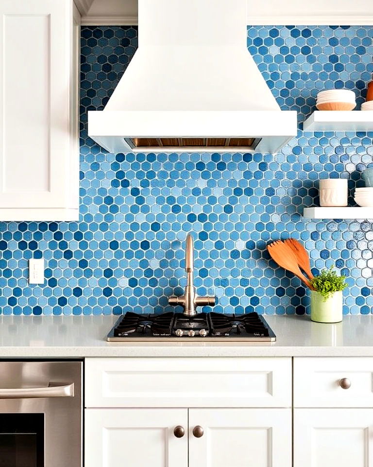 retro inspired blue penny tile backsplash - 25 Kitchen With Blue Backsplash Ideas