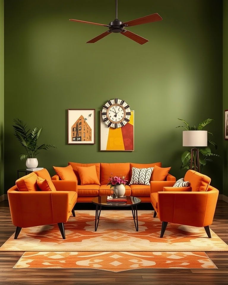 retro inspired green and orange living room - 25 Green and Orange Living Room Ideas