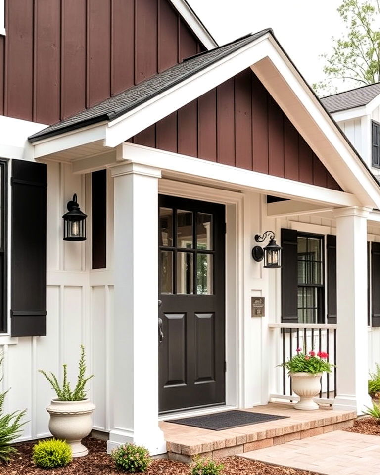 rich chocolate brown with white board and batten siding - 15 Chocolate Brown House Exterior Design Ideas
