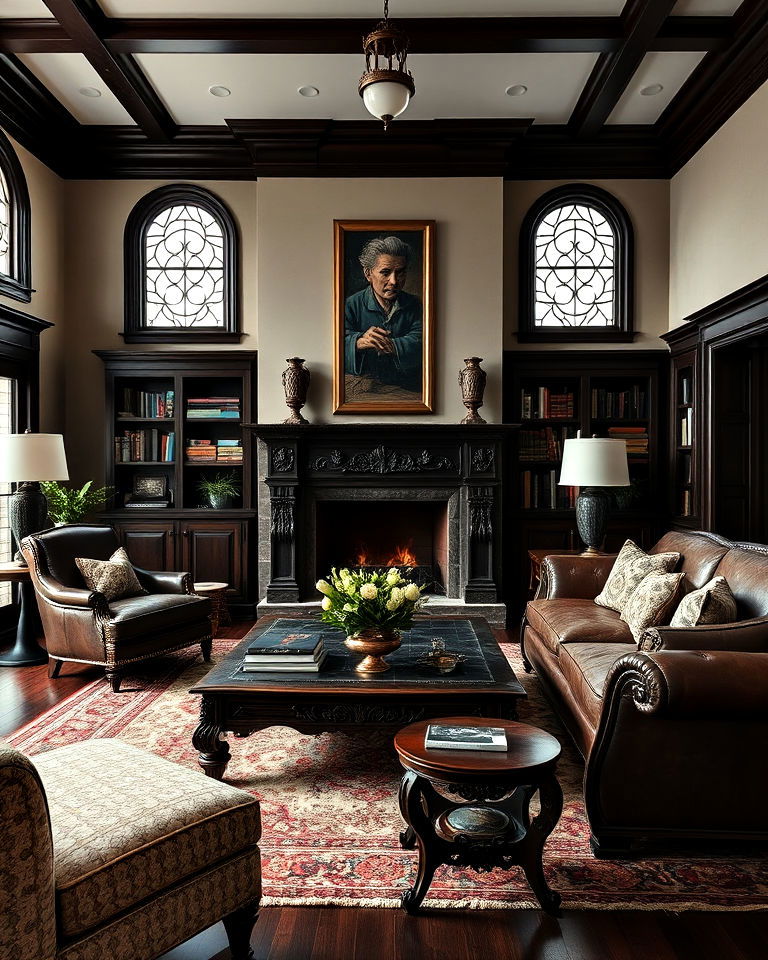 rich dark wood furniture whimsigoth living room - 20 Whimsigoth Living Room Ideas