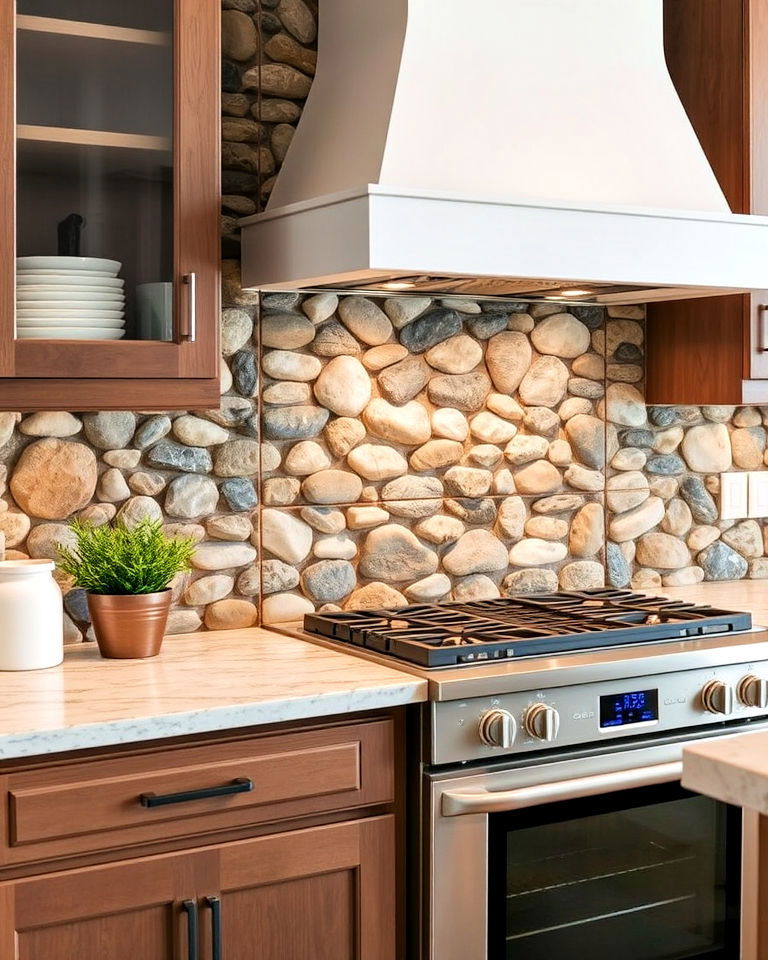 river rock mosaic backsplash - 20 Stone Kitchen Backsplash Ideas