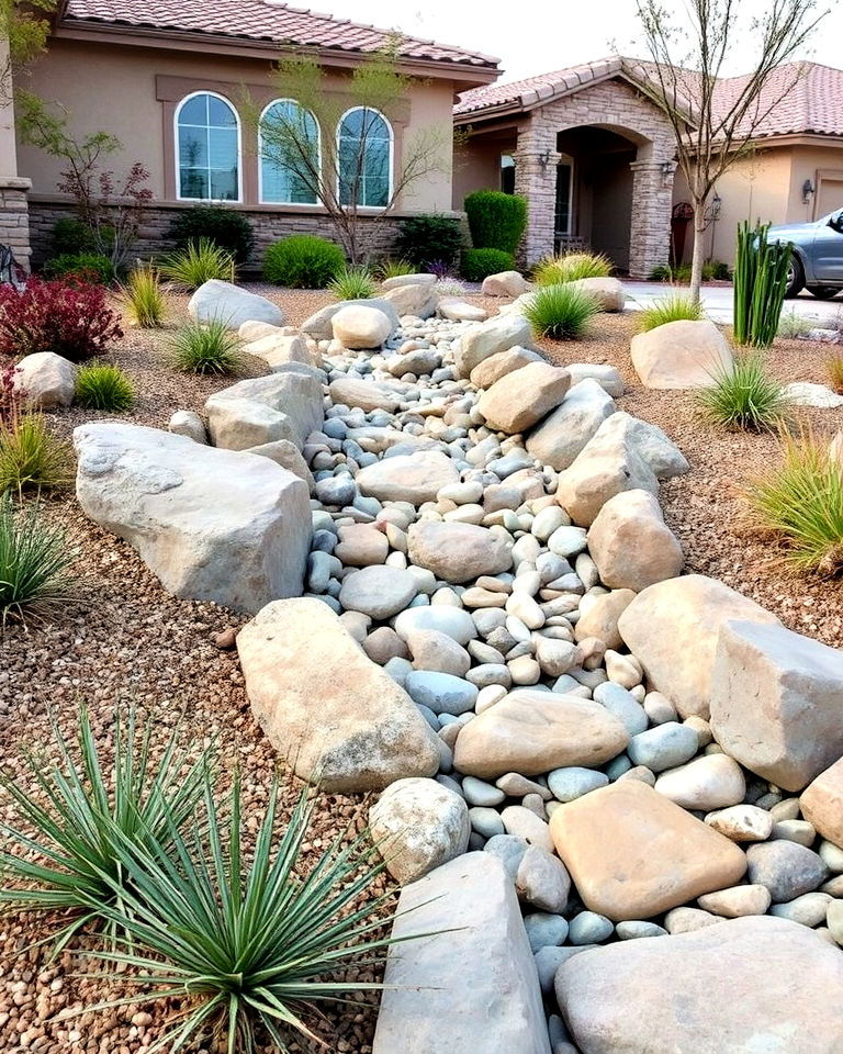 river rocks into front yard dry creek bed - 25 Front Yard Dry Creek Bed Landscaping Ideas