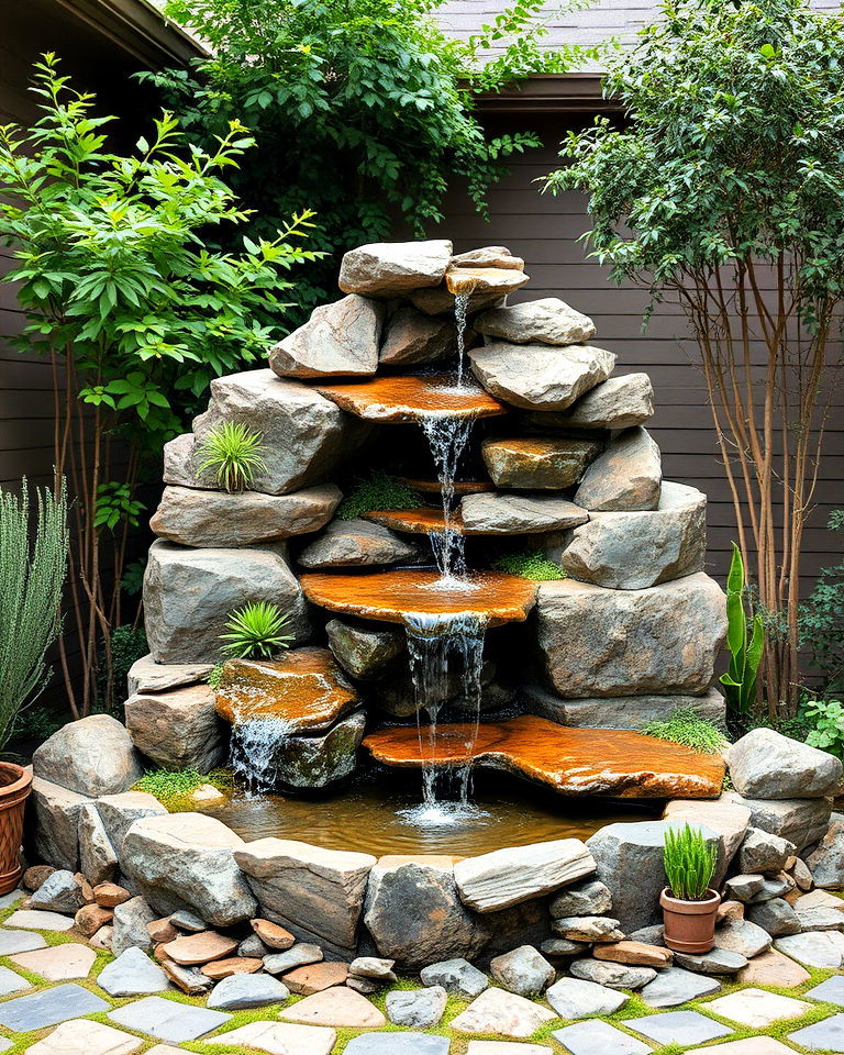 rock cascade fountain for courtyard - 15 Courtyard Fountain Ideas
