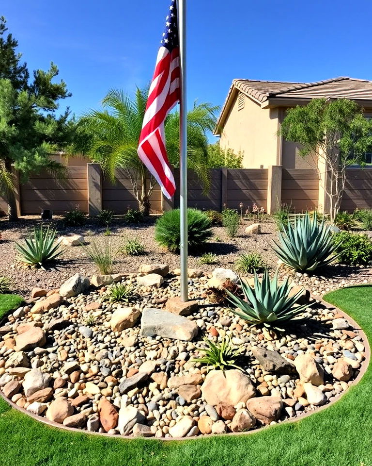 rock garden around the flagpole - 20 Residential Flag Pole Landscaping Ideas