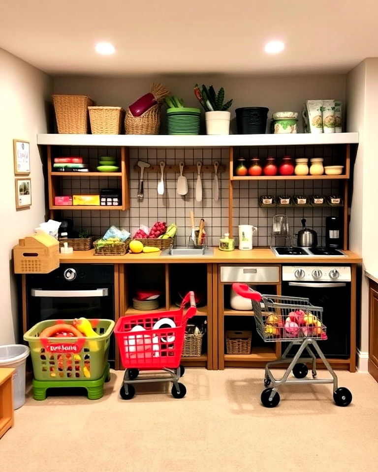 role play market or kitchen basement playroom - 20 Basement Playroom Ideas