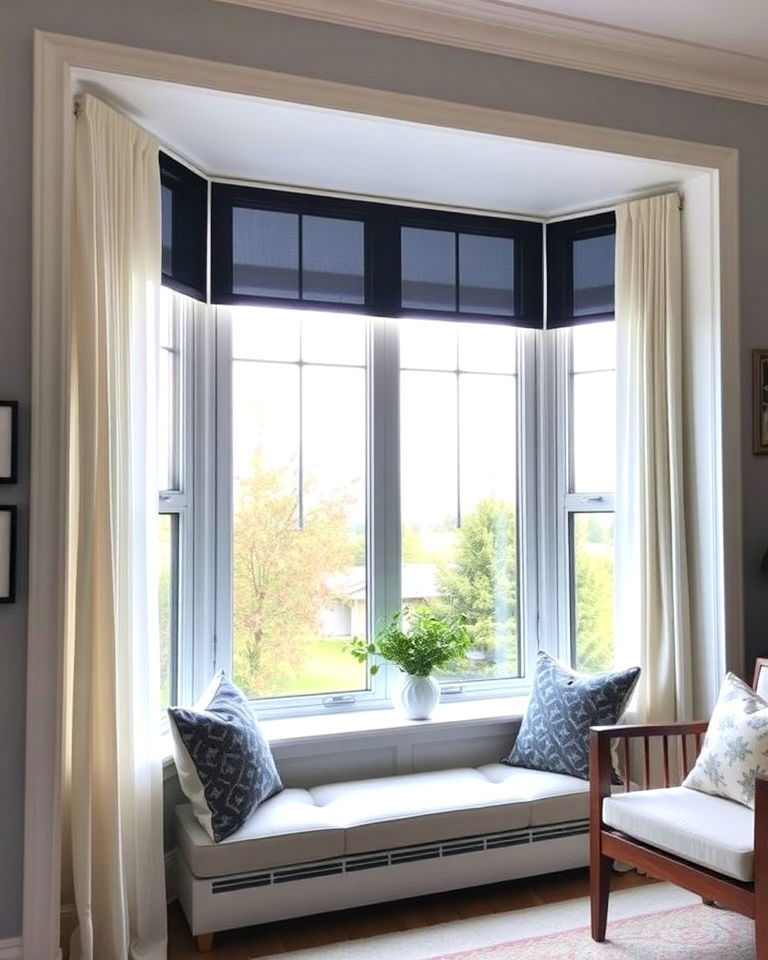 roller shades for simplicity - 30 Bay Window Treatment Ideas