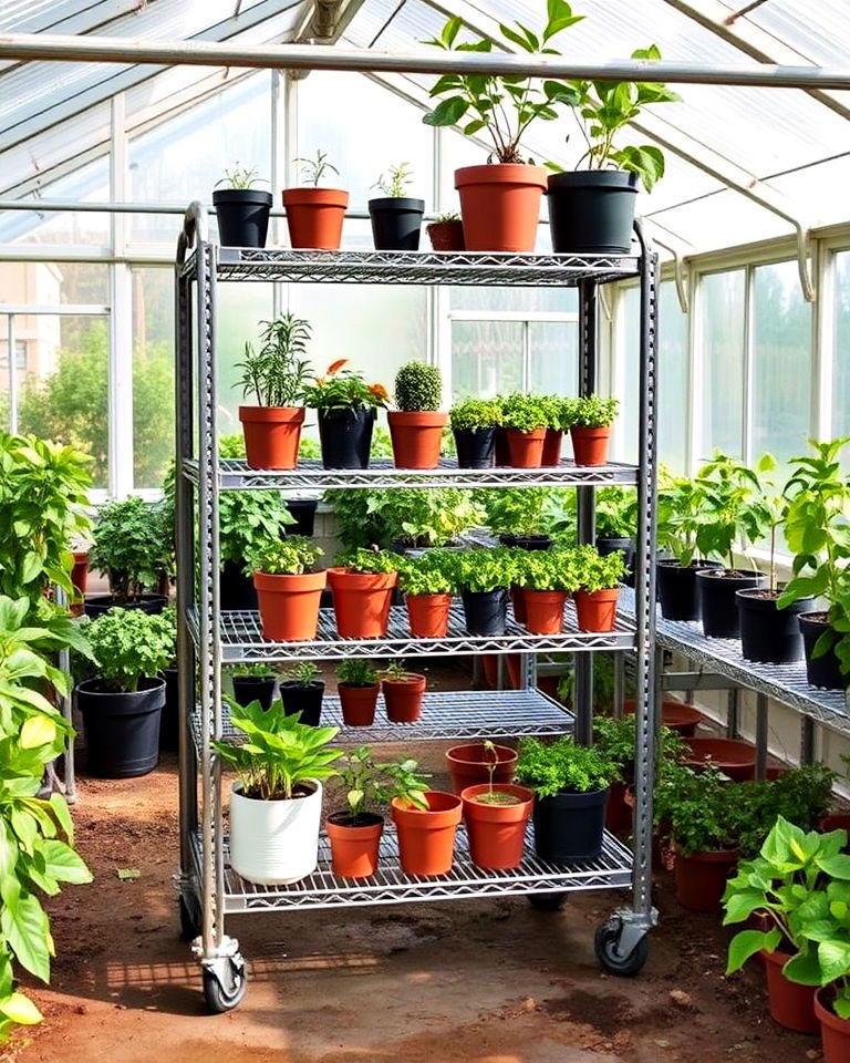 rolling shelves for mobility - 25 Greenhouse Shelving Ideas