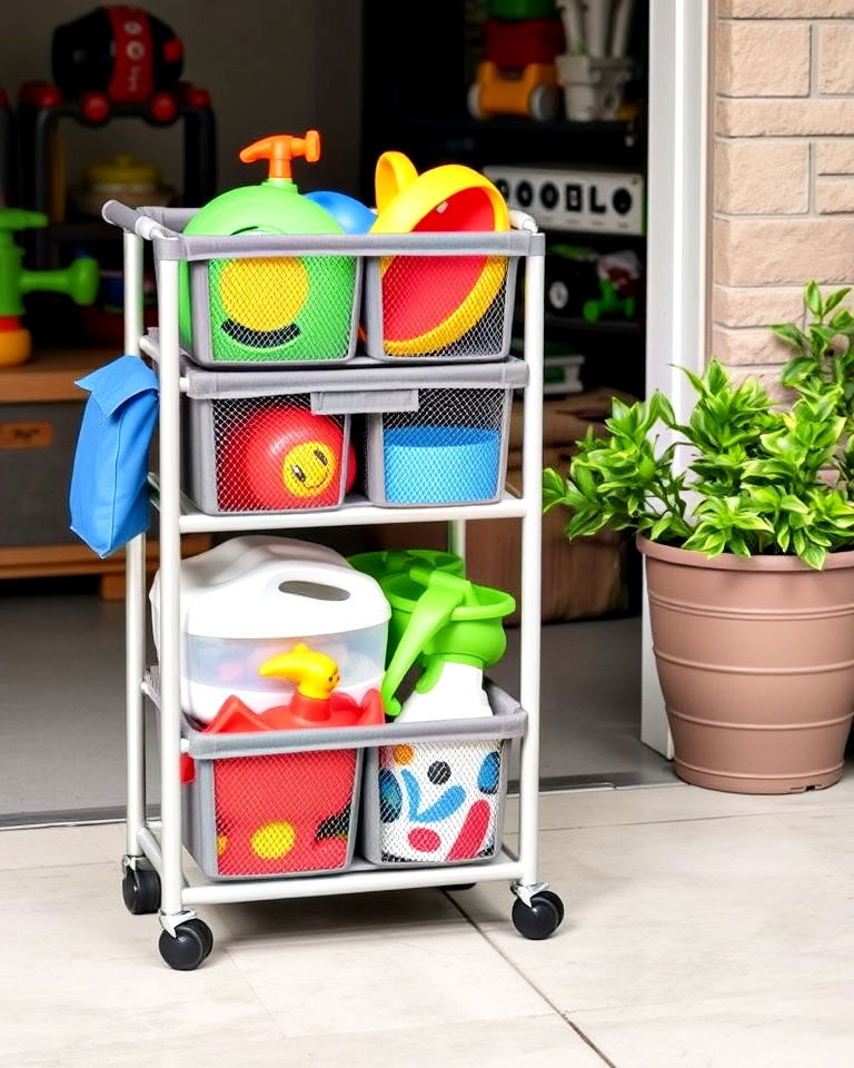 rolling storage cart to toy organization - 25 Outdoor Toy Storage Ideas