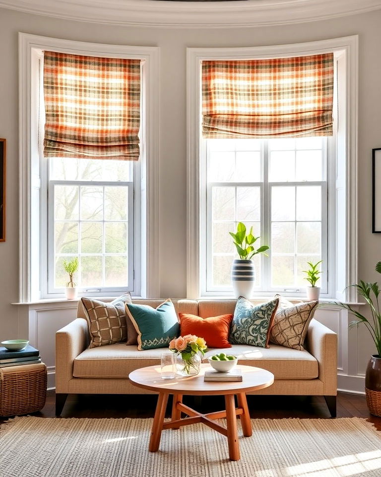 roman shades for a sleek finish - 30 Bay Window Treatment Ideas