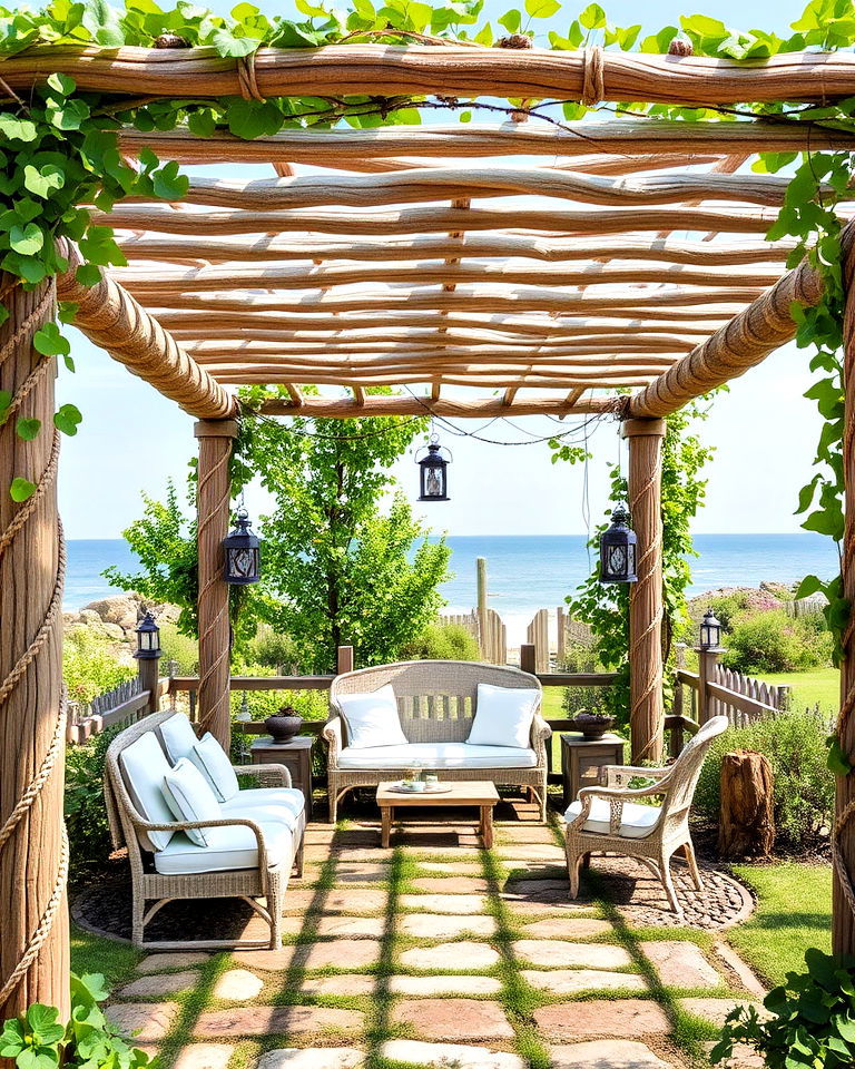 rope and driftwood pergola garden - 20 Seaside Themed Garden Ideas
