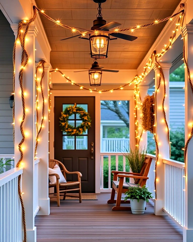 rope string lights for a nautical vibe - 15 Front Porch String Lights Ideas