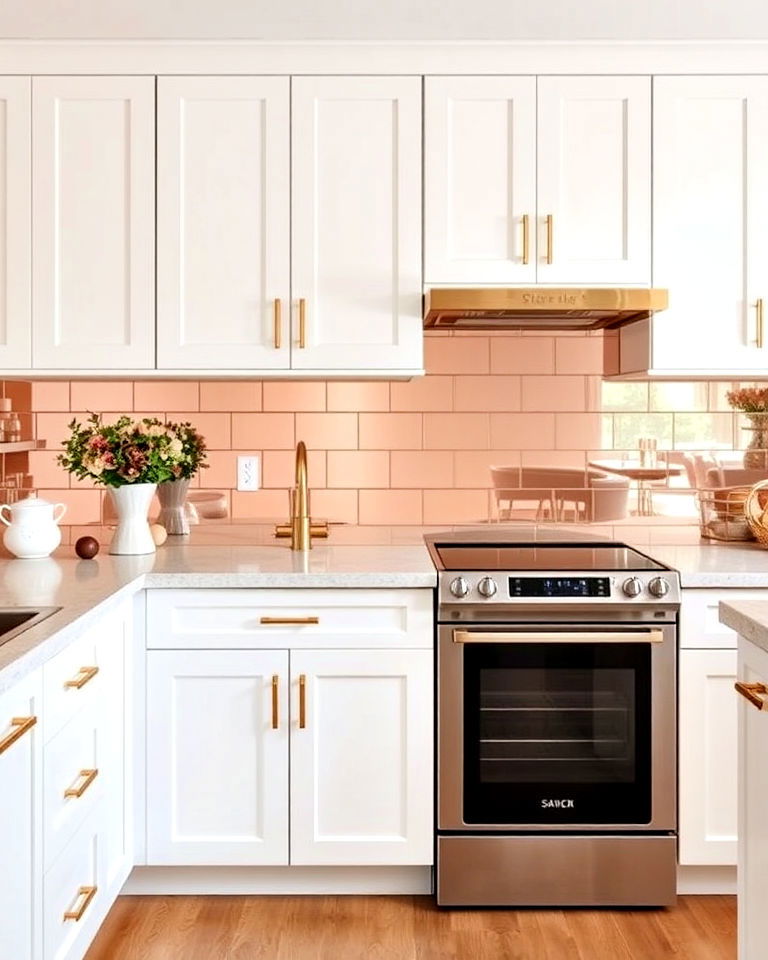 rose gold mirrors backsplash for a feminine touch - 25 Mirrored Backsplash Kitchen Ideas