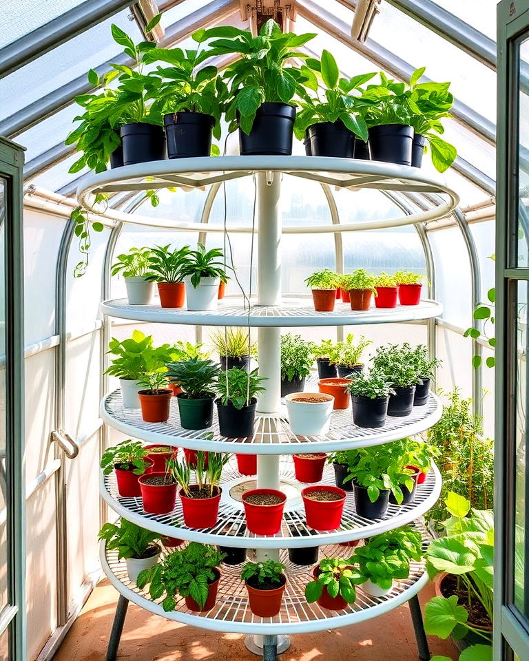 rotating shelves for sun exposure - 25 Greenhouse Shelving Ideas