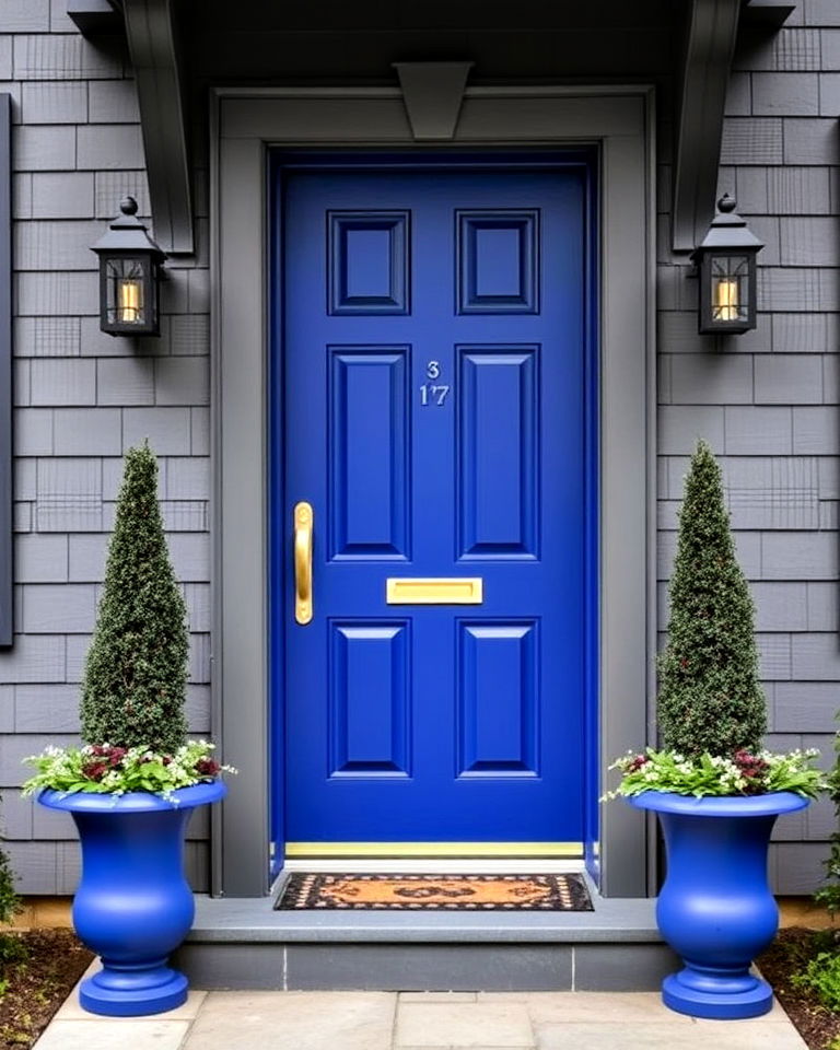 royal blue door with grey house - 25 Grey House With Blue Door Ideas