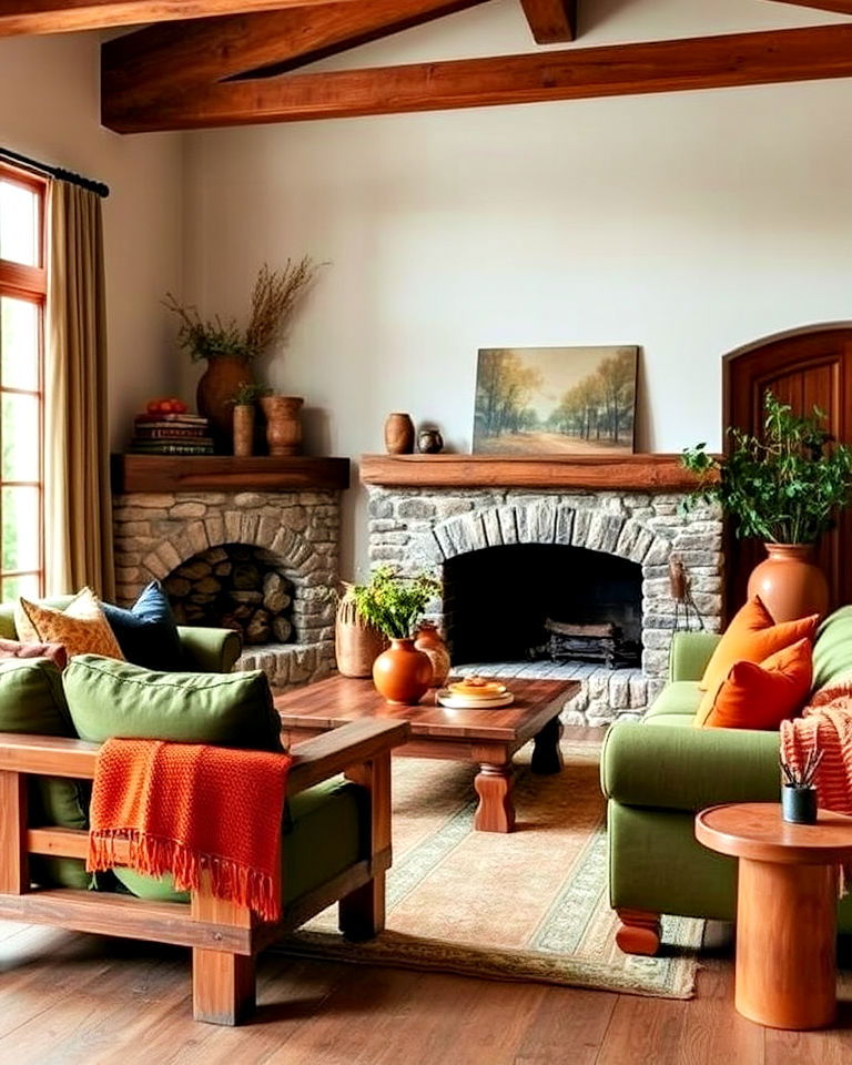rustic and earthy green and orange living room - 25 Green and Orange Living Room Ideas