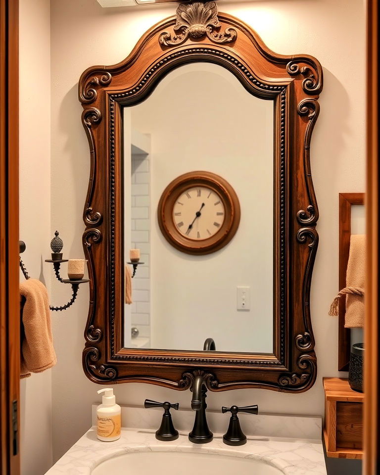 rustic antique mirror with distressed frame - 25 Small Rustic Bathroom Ideas
