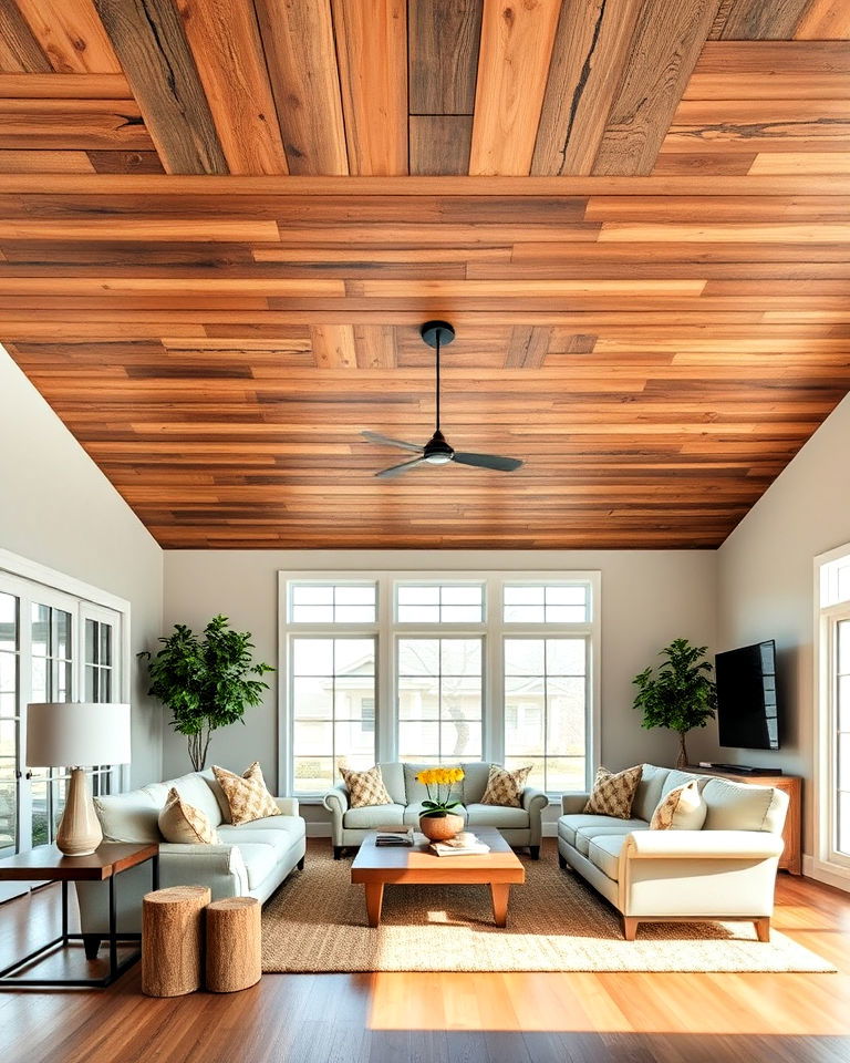 rustic barnwood ceiling for living room - 15 Wood Plank Ceiling Ideas