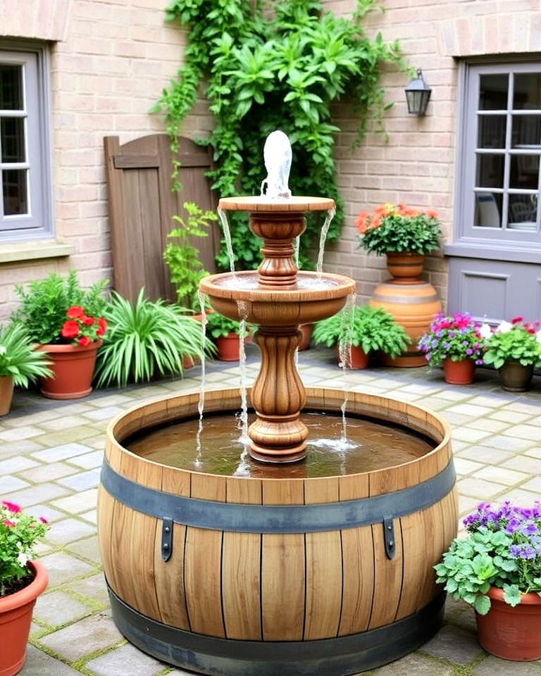 rustic barrel fountain in courtyard - 15 Courtyard Fountain Ideas
