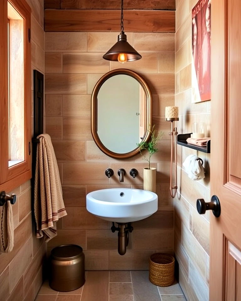 rustic bathroom copper fixtures for a warm touch - 25 Small Rustic Bathroom Ideas