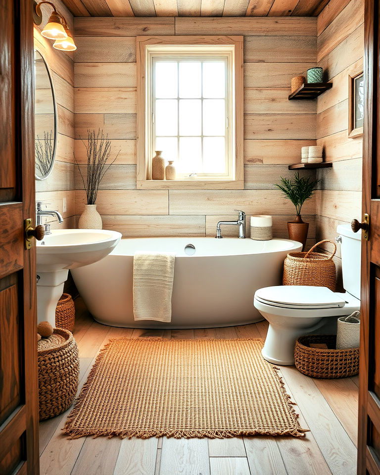 rustic bathroom natural fiber rug - 25 Small Rustic Bathroom Ideas