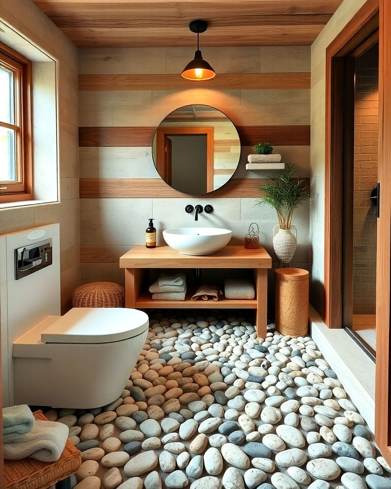 rustic bathroom pebble flooring - 25 Small Rustic Bathroom Ideas
