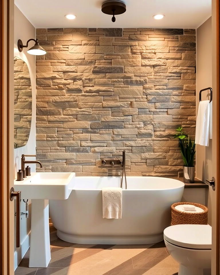 rustic bathroom stone accent walls - 25 Small Rustic Bathroom Ideas