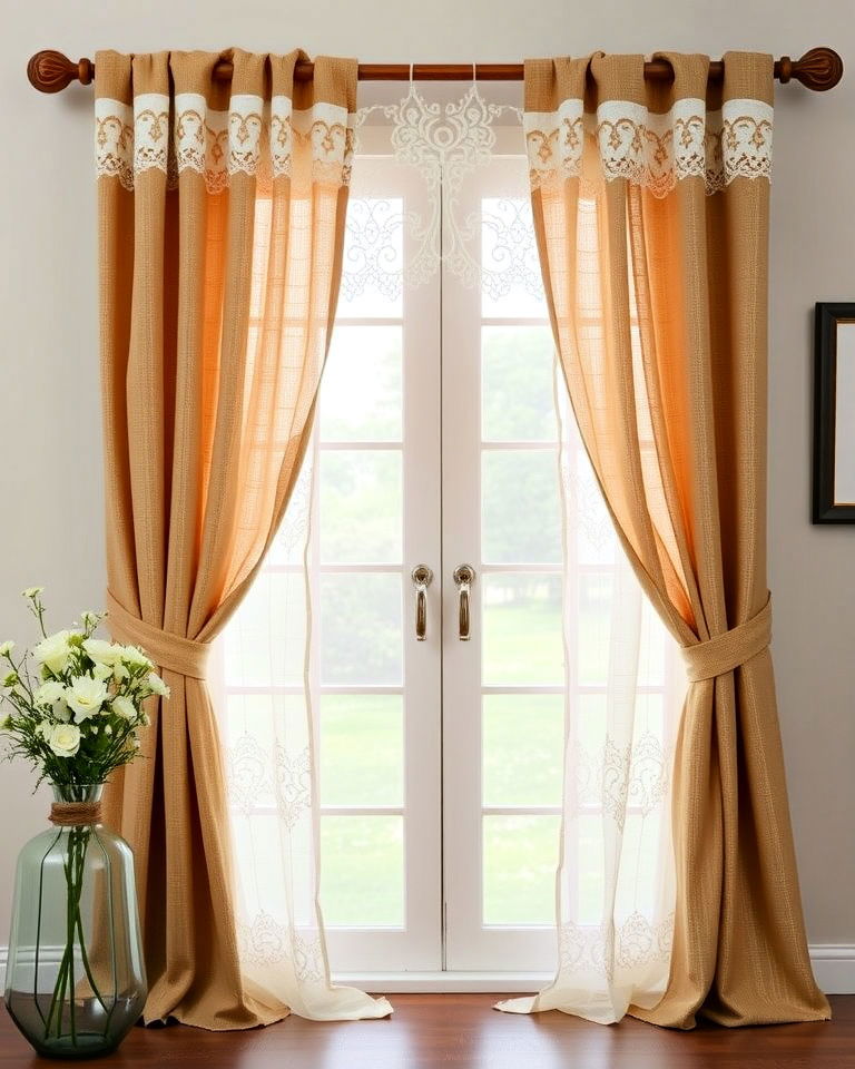 rustic burlap and lace curtains - 20 Double Curtain Ideas