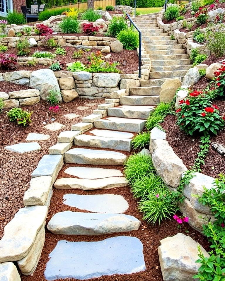 rustic charm cascading stone pathway - 15 Hillside Terraced Garden Ideas