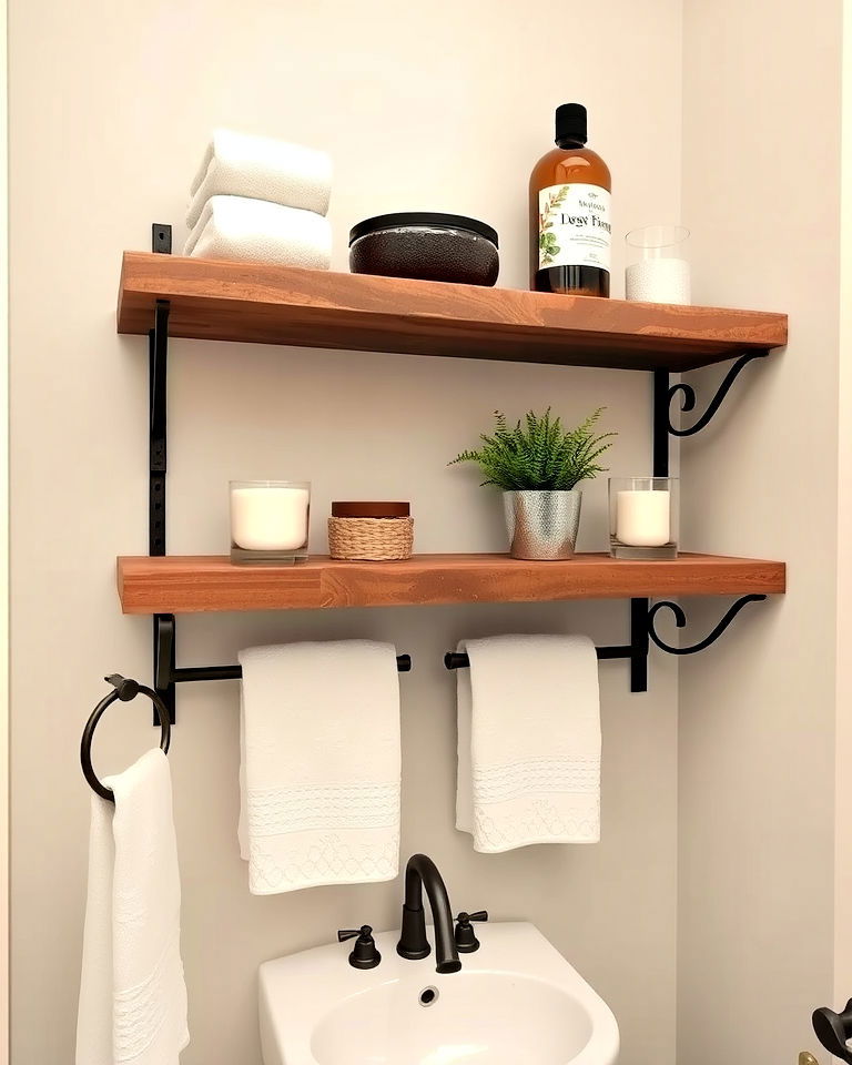 rustic charm iron and wood shelving units - 25 Small Rustic Bathroom Ideas