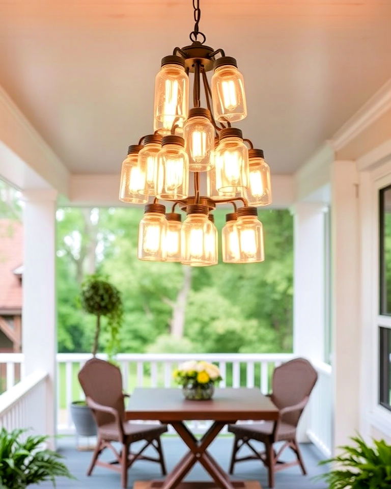 rustic charm mason jar chandelier - 15 Front Porch Chandelier Ideas