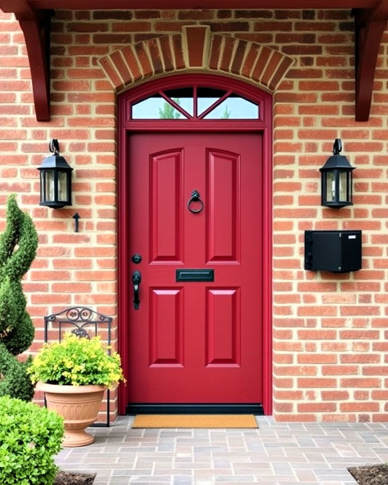 rustic charm with brick facades red front door - 25 Red Front Door Ideas