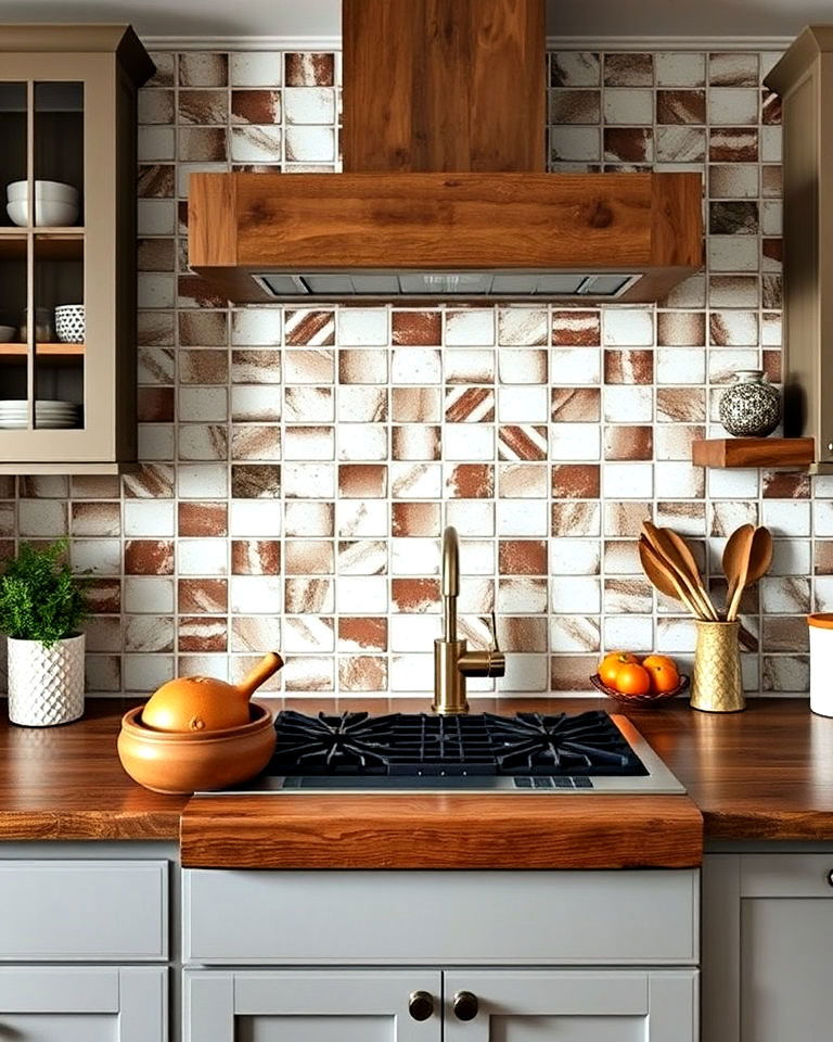 rustic charm with brick look tiles backsplash - 25 Kitchens With Herringbone Tile Backsplashes