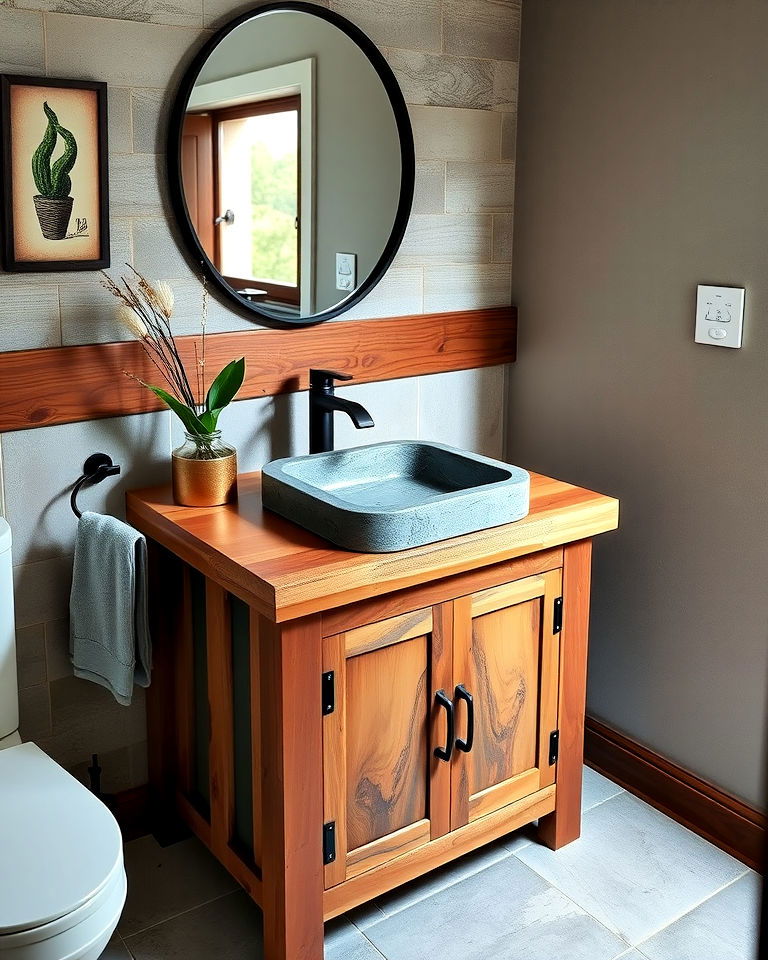 rustic charm wooden vanity with stone basin - 25 Small Rustic Bathroom Ideas