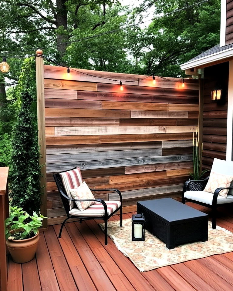 rustic deck with reclaimed wood privacy wall - 15 Deck With Privacy Wall