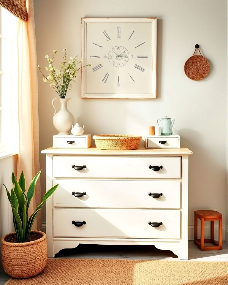 rustic farmhouse inspired white dresser - 35 Painted Dresser Ideas
