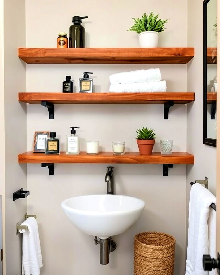 rustic floating shelves for small rustic bathroom - 25 Small Rustic Bathroom Ideas